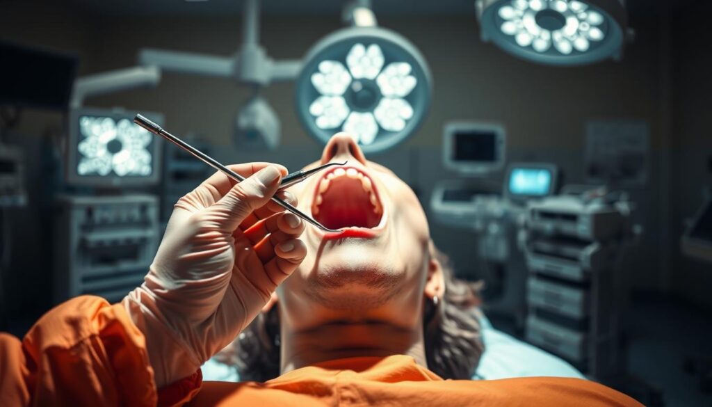 A brightly lit surgical room, with a patient lying on an operating table, their mouth open wide. In the foreground, a skilled surgeon's hands hold a medical instrument, poised to perform a tonsil removal procedure. The background is filled with state-of-the-art medical equipment, conveying the high-tech nature of the procedure. The lighting is clean and clinical, casting sharp shadows and highlighting the precise nature of the operation. The overall atmosphere is one of professionalism and expertise, reflecting the importance of the medical service and the cost associated with it.