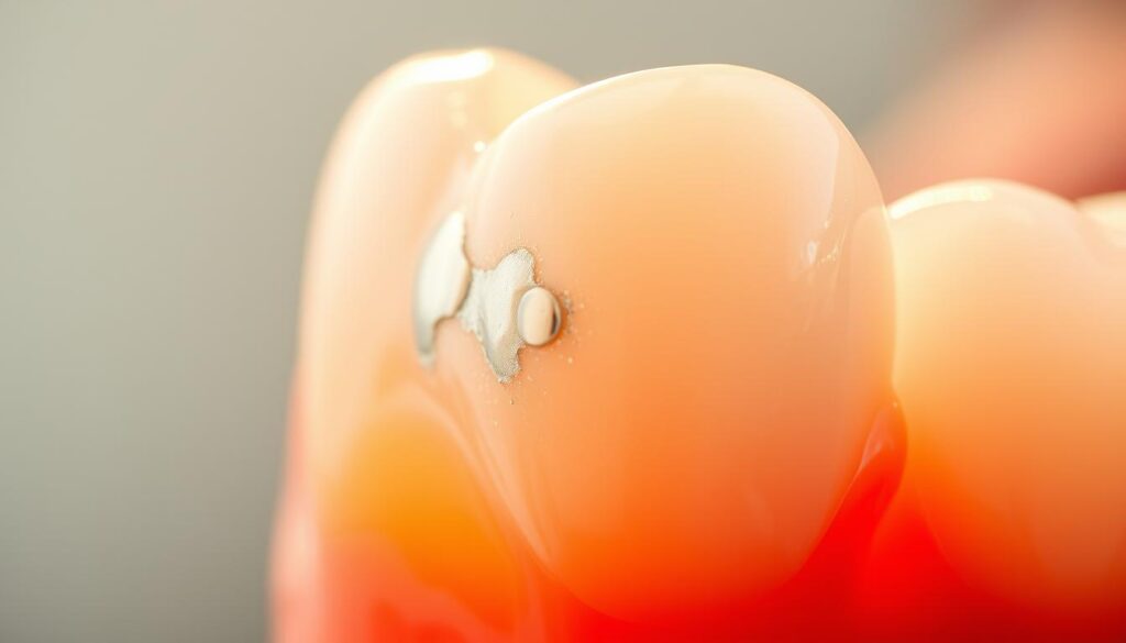 A close-up view of a human tooth with a silver amalgam filling, illuminated by warm, directional lighting that highlights the texture and sheen of the metallic restoration. The tooth is set against a blurred, out-of-focus background, drawing the viewer's attention to the intricate details of the filling. The composition emphasizes the interplay between the natural tooth structure and the artificial material, conveying a sense of functionality and care. The overall mood is one of clinical precision and the practical application of dental technology.