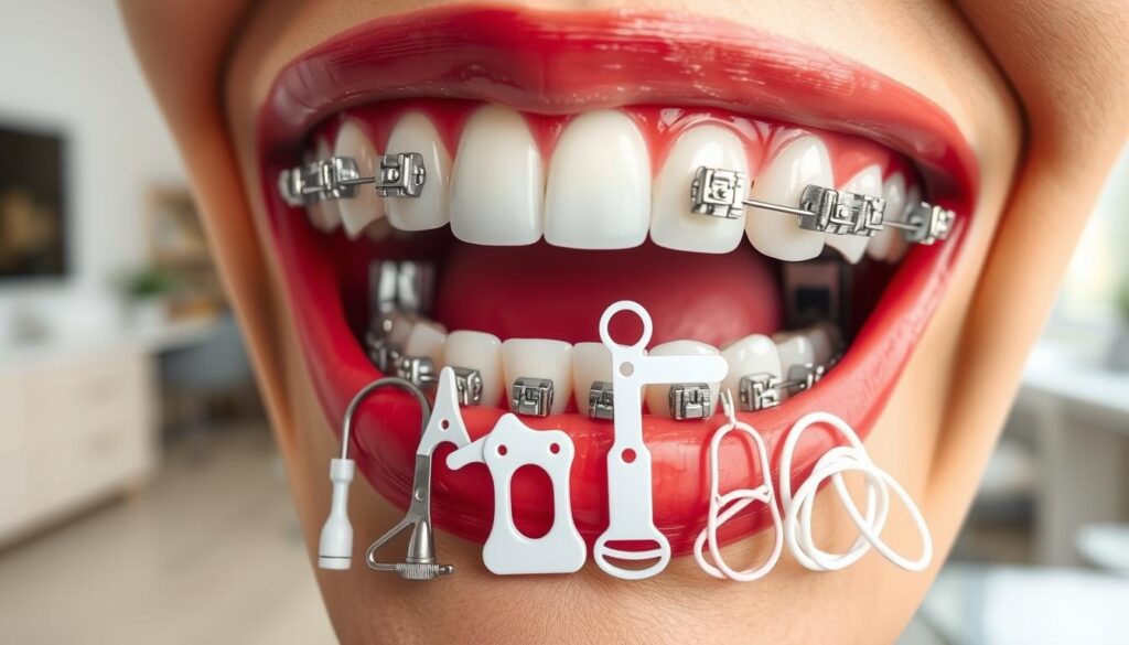 A close-up view of a set of human teeth with orthodontic braces, showcasing the various factors that contribute to the total cost of orthodontic treatment. The foreground features the braces in detail, highlighting the metal brackets, wires, and ligatures. The middle ground displays a range of orthodontic tools and appliances, such as retainers, headgear, and elastics, each representing a potential cost factor. The background subtly depicts a professional dental office setting, with clean and modern furnishings, suggesting the clinical environment in which these treatments are typically provided. The lighting is soft and evenly distributed, creating a balanced and informative composition that emphasizes the technical and financial aspects of orthodontic care.