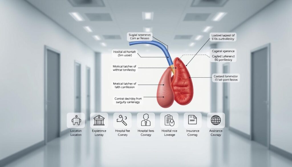 A detailed, photorealistic medical illustration showcasing the key factors affecting the cost of a tonsillectomy procedure. In the foreground, a large, labeled diagram of the human throat and tonsils, with callouts highlighting aspects like size, condition, and surgical complexity. In the middle ground, a row of icons representing various cost factors such as location, surgeon experience, hospital fees, and insurance coverage. The background is a minimalist medical setting with clean, bright lighting and a subtle gradient. The overall composition conveys a sense of clinical authority and informative clarity.