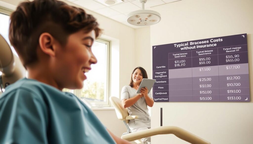 A medical office interior with a bright, airy atmosphere. In the foreground, a young patient sits in an examination chair, their teeth visible as they open their mouth. The middle ground features a dental hygienist examining the patient's teeth, their face in focused concentration. In the background, a wall-mounted display shows a breakdown of typical braces costs without insurance, including varying price ranges for different treatment options. The lighting is natural, filtering in through large windows, creating a warm, inviting ambiance. The overall scene conveys the significant financial considerations involved in obtaining orthodontic care without insurance coverage.