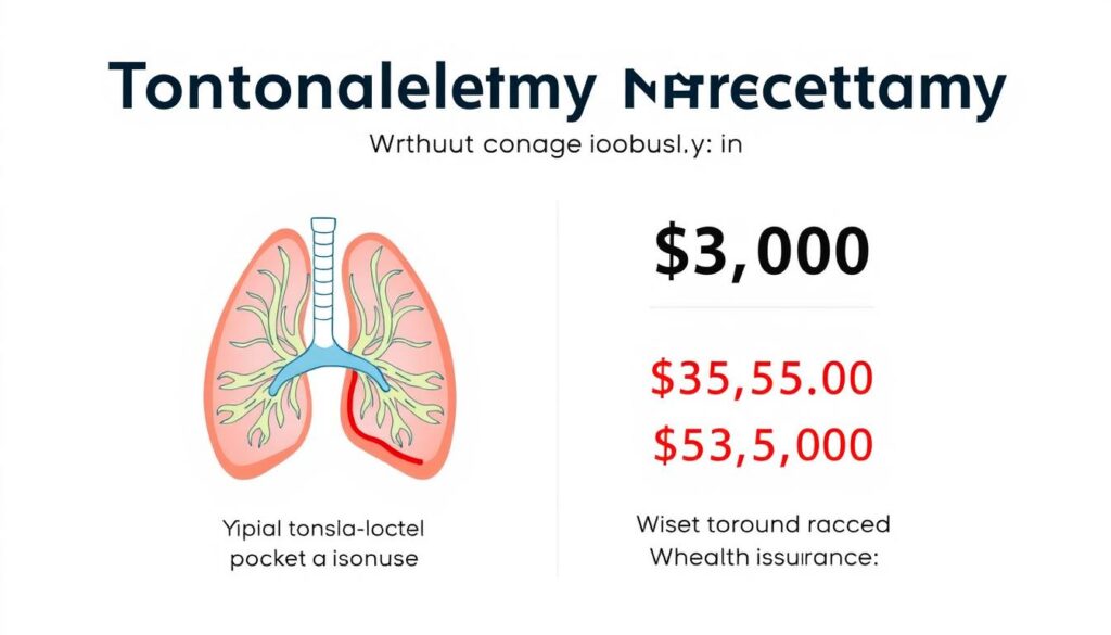A vibrant and informative infographic depicting the comparative costs of a tonsillectomy procedure with and without insurance coverage. Set against a clean, minimalist background, the foreground features a detailed medical diagram of the tonsils and surrounding anatomy, rendered in a technical yet visually appealing style. Overlaid are two distinct cost breakdowns, one showcasing the typical out-of-pocket expenses for the uninsured, and the other highlighting the reduced costs for those with health insurance. The overall composition conveys a sense of clarity and useful information, guiding the viewer through the financial implications of this common medical procedure.