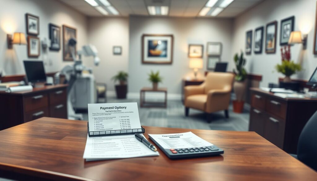 A well-lit medical office interior, with a wooden desk in the foreground showcasing various payment options for tonsillectomy procedures. On the desk, neatly arranged documents, a pen, and a calculator, conveying an organized and professional atmosphere. In the middle ground, a patient consultation area with comfortable chairs and soothing decor, suggesting a calming environment. The background features medical equipment and diplomas on the walls, establishing the credibility of the healthcare provider. The overall scene exudes a sense of care, transparency, and attention to the financial needs of uninsured patients undergoing tonsil removal.