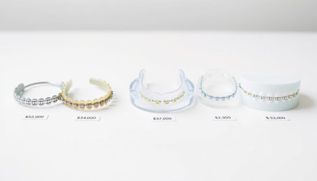 An informative set of different types of braces, showcased in a clean, minimalist composition. The foreground features a range of orthodontic appliances, including traditional metal braces, clear aligners, and lingual braces, arranged neatly on a plain white background, allowing the viewer to clearly discern their distinct designs and materials. The middle ground presents a series of price tags alongside each brace type, conveying the varying cost points in a well-organized manner. The background is a softly blurred, neutral gradient, keeping the focus on the central elements. The lighting is soft and diffused, creating an educational, yet visually appealing atmosphere that effectively communicates the key information about the different braces and their associated expenses.