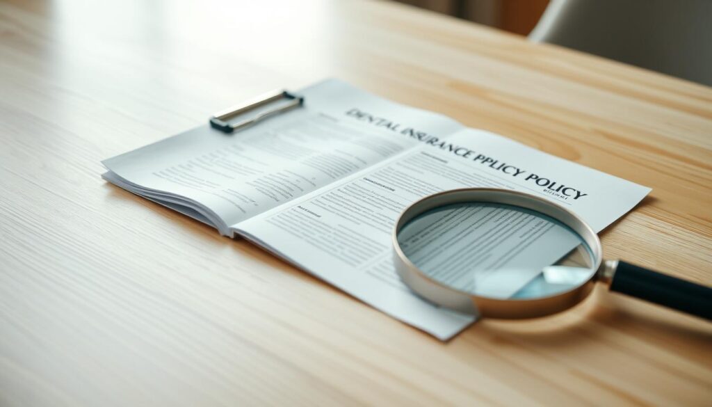 Detailed, high-resolution close-up of a dental insurance policy document laid flat on a clean, well-lit wooden table. The policy is open to a specific page, with a magnifying glass placed next to it, suggesting an in-depth examination. The lighting is soft and diffused, creating a professional, authoritative atmosphere. The background is slightly blurred, keeping the focus on the policy document. The image conveys a sense of careful analysis and understanding of the complex details within the policy.