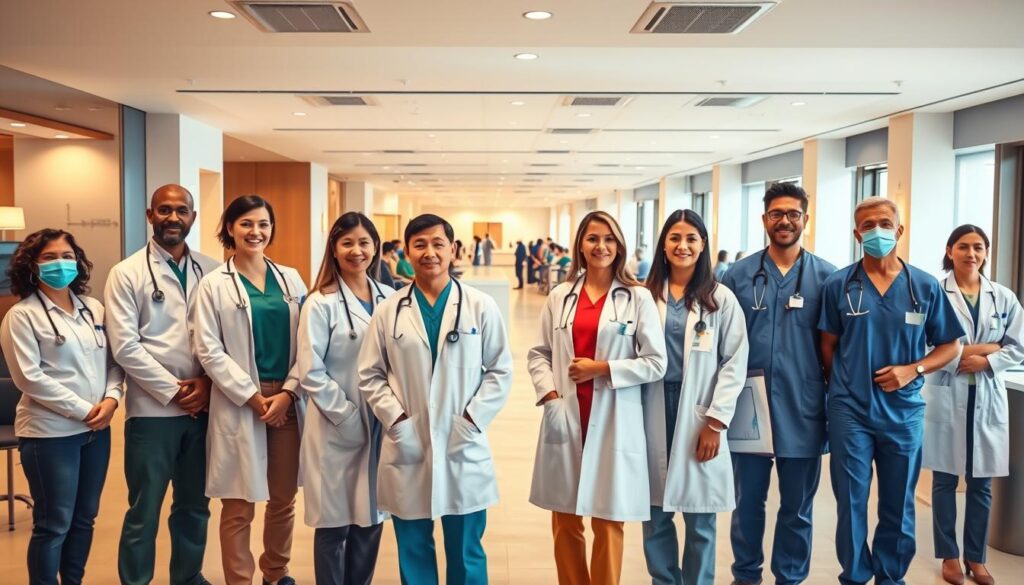 A bustling healthcare network in a modern, well-lit setting. In the foreground, a group of diverse healthcare providers - doctors, nurses, and specialists - standing together, their expressions conveying a sense of collaboration and professionalism. The middle ground features a sleek, minimalist reception area with patients waiting patiently. In the background, a series of interconnected rooms and offices, hinting at the comprehensive range of services offered. The lighting is warm and inviting, creating a calming atmosphere. The overall composition suggests a well-organized, efficient, and patient-centric healthcare system.