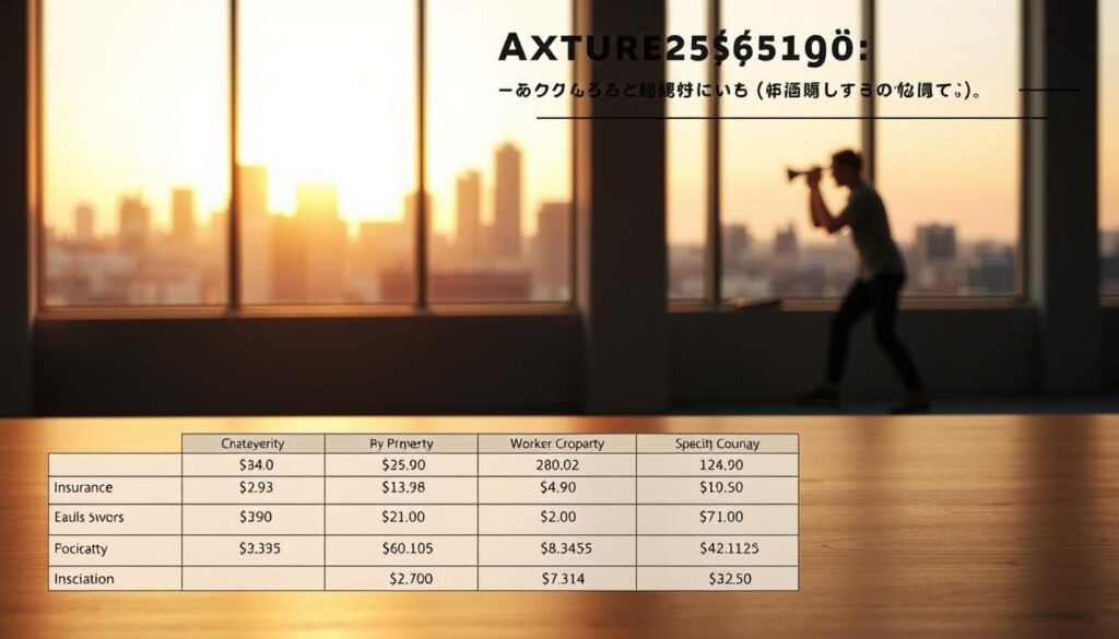 A detailed breakdown of insurance costs for an axe throwing business, showcased in a stylish infographic. The foreground features a neatly organized table or chart, with clear categories and numerical data visualizing the various insurance components, such as liability, property, workers' compensation, and specialty coverage. The middle ground depicts a modern, minimalist office setting, with a large window overlooking an urban skyline bathed in warm, golden-hour lighting. The background subtly hints at the thrilling nature of the axe throwing activity, with a faint silhouette of a person mid-throw in the distance. The overall mood is one of professional expertise, financial transparency, and a balanced approach to managing the risks of an adventurous, yet responsible, small business.