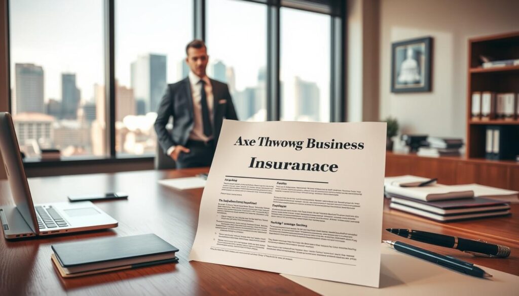 A neatly organized office interior with a large wooden desk, a laptop, and various office supplies. On the desk, an open insurance policy document with the title "Axe Throwing Business Insurance" prominently displayed. A well-dressed business person stands in the foreground, studying the document thoughtfully. Warm, natural lighting illuminates the scene, creating a professional and authoritative atmosphere. The background features floor-to-ceiling windows overlooking a bustling city skyline, conveying a sense of urban sophistication. The overall composition emphasizes the importance of proper insurance coverage for an axe throwing business.