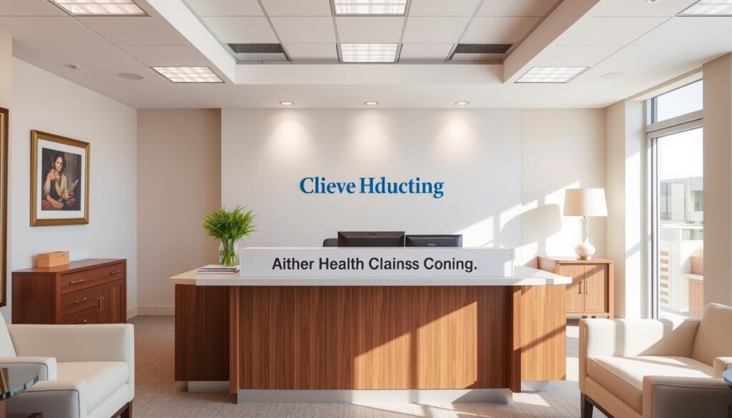 A neatly organized office interior with a prominent desk showcasing the "Aither Health Claims Address" information. The desk is situated in a well-lit, professional setting, with tasteful decor and neutral-toned furnishings. The environment conveys a sense of reliability and trustworthiness, reflecting the Aither Health Insurance brand. The image should capture the essence of the claims filing process, providing a visual reference for the article's readers.