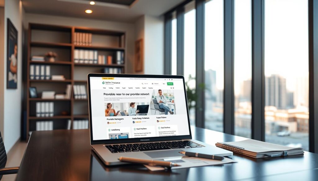 A sleek, modern office interior with floor-to-ceiling windows overlooking a cityscape. A professional-looking desk with a laptop, pen, and papers arranged neatly. On the desk, an open laptop displays Aither Health Insurance's website, showcasing their provider network and customer reviews. The lighting is warm and inviting, creating a sense of credibility and trustworthiness. In the background, a bookshelf with medical and insurance-related books adds to the professional atmosphere. The overall scene conveys a sense of authority, expertise, and a commitment to customer satisfaction.