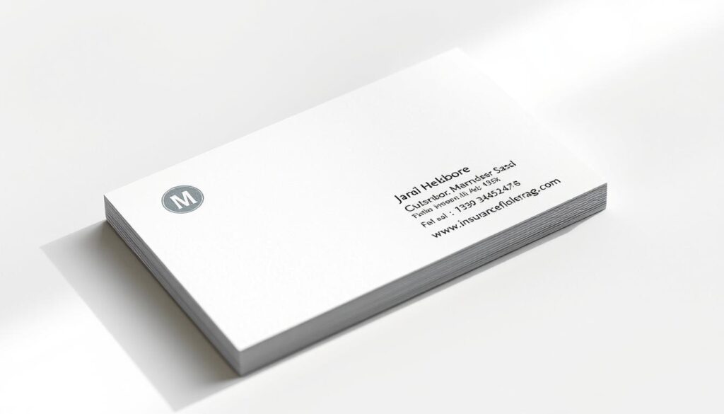 A clean, elegantly designed insurance business card with a classic serif font and subtle textures. The card has a crisp white background, with a sleek grey border and a minimalist logo in the top left corner. The details such as the name, contact information, and professional designations are neatly arranged, exuding an air of professionalism and attention to detail. Soft, directional lighting creates depth and highlights the tactile quality of the card, while a high-quality camera angle and lens capture the essence of a premium, impactful business card designed to elevate the insurance professional's brand.