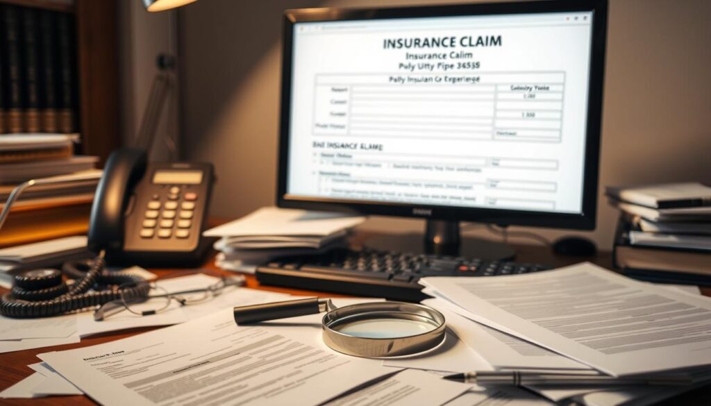 A cluttered desk with scattered paperwork, a magnifying glass, and a phone. In the background, a computer monitor displays an insurance claim form for polybutylene pipe damage. Warm, muted lighting casts a professional, authoritative atmosphere. The scene conveys the diligent process of navigating a complex insurance claim, with attention to detail and a sense of determination to resolve the issue.