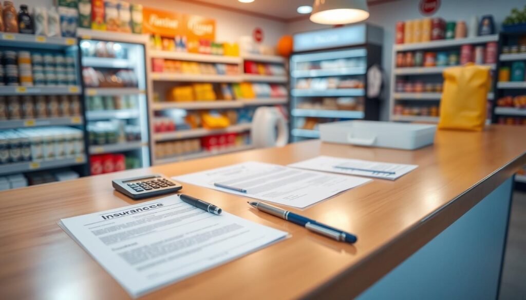 A convenience store counter, brightly lit with warm lighting, displaying various insurance-related items such as paperwork, a calculator, and a pen. In the background, shelves stocked with products create a sense of a thriving business. The overall atmosphere conveys a professional, secure, and well-protected environment, reflecting the importance of comprehensive insurance coverage for a convenience store operation.