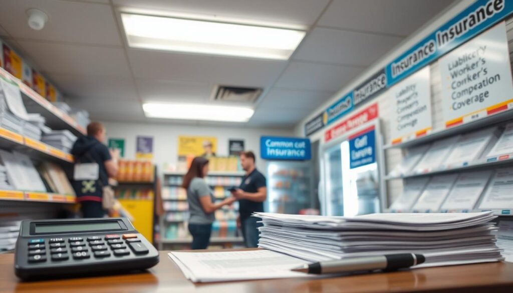 A convenience store interior with bright fluorescent lighting and clean, organized shelves showcasing various insurance policy documents. In the foreground, a calculator, a stack of forms, and a pen symbolize the financial considerations. In the middle ground, a store clerk engages with a customer, discussing insurance options. The background features signage highlighting common cost factors like liability, property, and worker's compensation coverage. The overall scene conveys a sense of professionalism and attention to detail in managing the financial risks of operating a convenience store.
