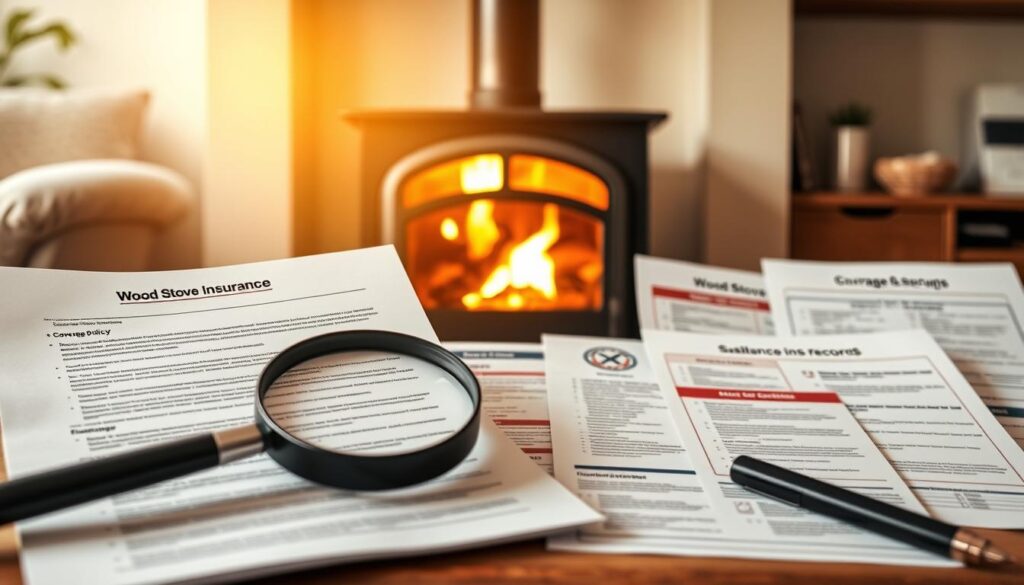A cozy fireplace with a gleaming wood stove takes center stage, surrounded by a meticulously arranged display showcasing various insurance policy documents, coverage details, and informative charts. The warm, inviting glow of the fire is complemented by soft, diffused lighting, casting a gentle ambiance across the scene. In the foreground, a magnifying glass hovers over the policy pages, emphasizing the importance of understanding the factors that influence wood stove insurance coverage, such as the stove's age, safety features, and installation details. The middle ground features a neatly organized collection of documents, including building codes, safety checklists, and maintenance records, underscoring the need for diligent record-keeping. The background subtly fades into a softly blurred domestic setting, suggesting the integration of the wood stove within the home environment. The overall composition aims to convey a sense of thoughtful consideration and attention to detail when it comes to ensuring