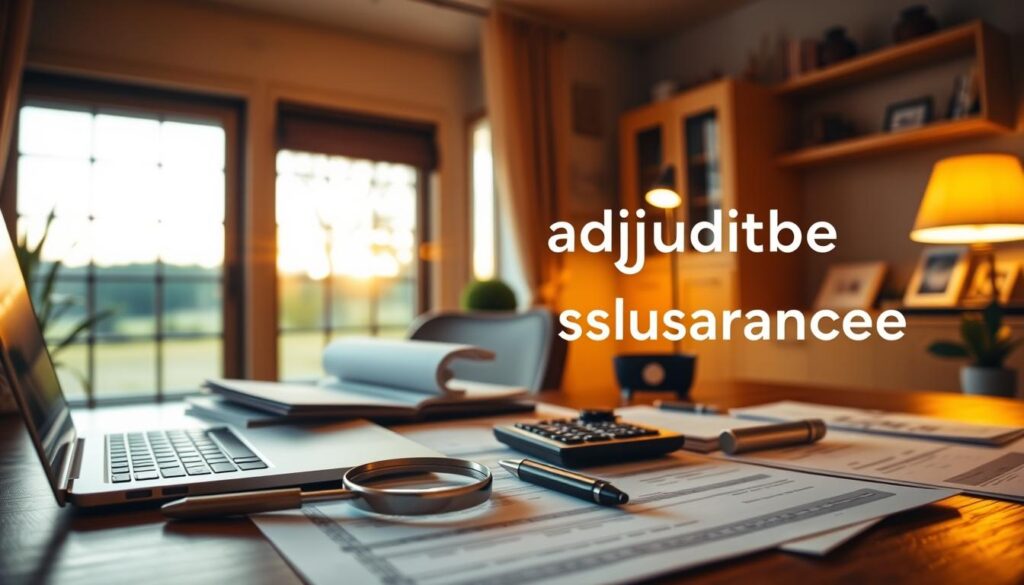 A cozy home office with a desk, laptop, and various documents symbolizing life insurance needs. Warm lighting illuminates the scene, creating a contemplative atmosphere. The desk features a magnifying glass, calculator, and a pen, hinting at the analytical nature of adjusting life insurance coverage. In the background, a window overlooks a serene, natural landscape, representing the evolving demands of life. The composition is balanced, with the foreground elements guiding the viewer's attention to the core subject of adjustable life insurance.