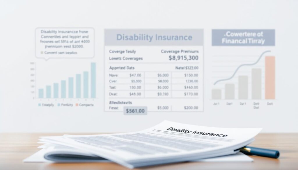 A detailed and informative illustration of "Disability Insurance Elective Coverage Costs", captured in a modern, professional style. The foreground features a stack of documents and an insurance policy, while the middle ground showcases various financial charts and graphs related to coverage premiums and deductibles. The background maintains a clean, minimalist aesthetic with subtle textures and gradients, creating a sense of clarity and focus on the key financial details. Balanced lighting from multiple angles highlights the subject matter, and a shallow depth of field emphasizes the most important elements. The overall mood is one of informative professionalism, guiding the viewer through the complexities of DIEC costs and premiums.