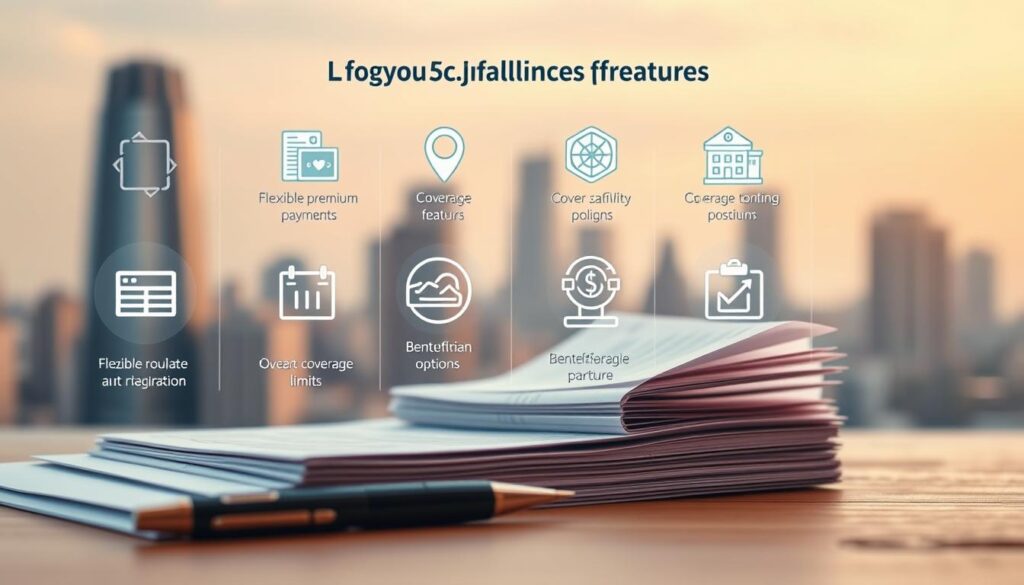 A detailed and informative illustration showcasing the key adjustable features of a modern life insurance policy. In the foreground, a stack of insurance documents and a pen, representing the customizable nature of the coverage. In the middle ground, various icons and graphical elements depicting flexible premium payments, coverage limits, and beneficiary options. The background is a softly blurred city skyline, conveying the adaptability of the policy to one's evolving life circumstances. Warm, muted tones create a professional, trustworthy atmosphere. Captured with a shallow depth of field and natural lighting to emphasize the focal points.