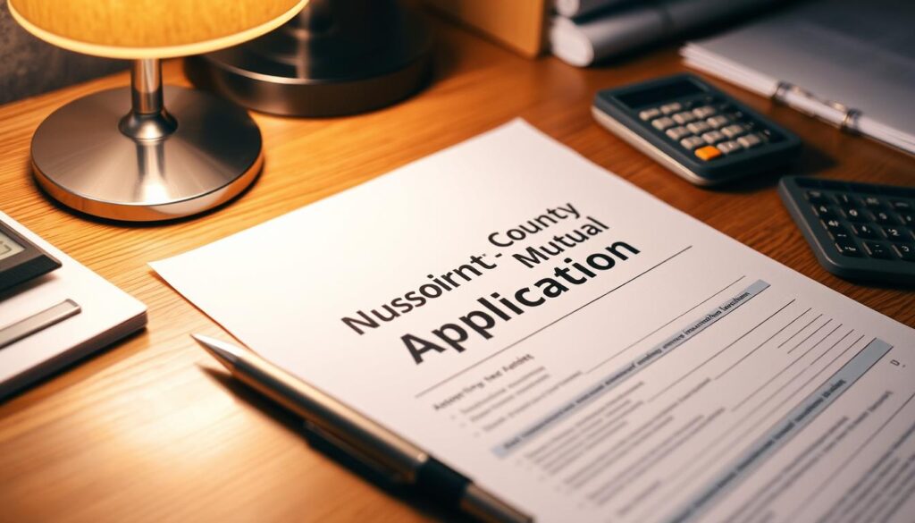 A detailed application form sits on a wooden desk, illuminated by a warm desk lamp. The form's title "Redpoint County Mutual Insurance Application" is prominently displayed. Surrounding the form are neatly organized office supplies - a pen, a calculator, and a small stack of documents. The overall scene conveys a sense of professionalism and attention to detail, reflecting the reliable insurance solutions offered by Redpoint County Mutual.