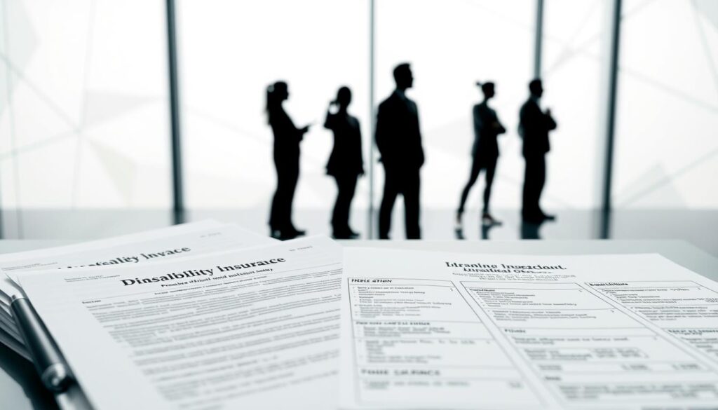 A detailed comparison of disability insurance coverage options against alternative financial protection products, captured in a clean, informative visual. In the foreground, show a series of neatly organized insurance documents, policy pages, and financial statements, conveying the analytical nature of the comparison. In the middle ground, depict silhouetted human figures representing different personas, each considering their unique needs and priorities. The background should have a corporate, professional atmosphere with subtle geometric patterns and muted colors, to reinforce the financial planning context. Utilize a crisp, high-resolution photographic style with soft, balanced lighting to present the information in a clear, approachable manner.