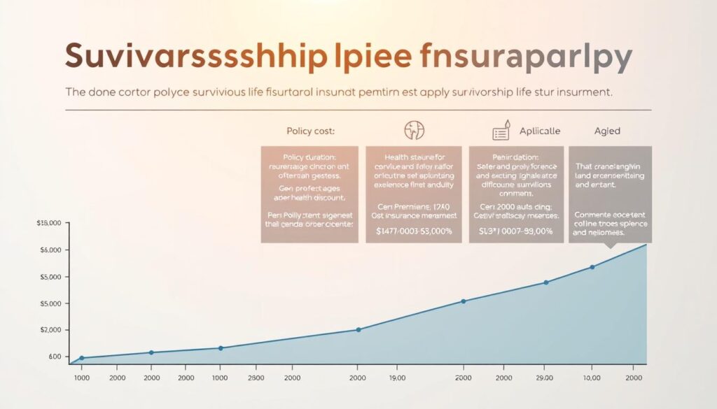 A detailed infographic depicting the cost considerations for a survivorship life insurance policy. Set in a clean, modern style with a neutral color palette. In the foreground, a graph showing the premium costs over time, with clear labeling of key factors like policy duration, coverage amounts, and applicable discounts. In the middle ground, a series of icons and information blocks explaining common cost drivers such as health status, age, and smoker status. In the background, a subtle pattern or texture evoking a sense of financial security and stability. Soft directional lighting casts a warm glow, creating depth and dimension. The overall composition is balanced, informative, and visually appealing to educate readers on the financial aspects of survivorship life insurance.