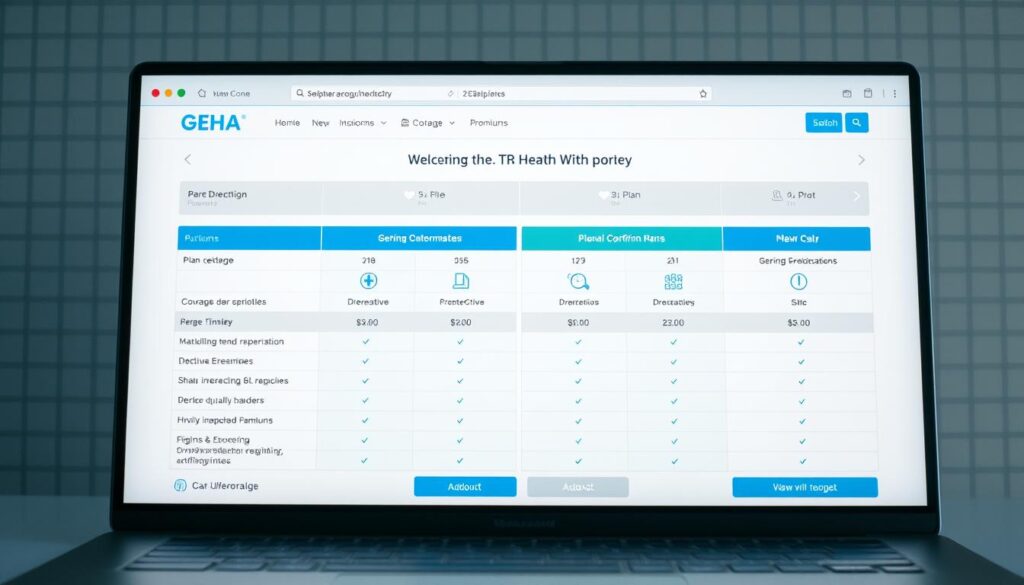 A detailed, side-by-side comparison of GEHA health insurance plans displayed on a sleek, minimalist web interface. The foreground features a clean table layout showcasing plan details like coverage, deductibles, and premium costs. The middle ground has visual cues like icons, graphs, and interactive elements to highlight plan differences. The background has a subtle grid pattern and muted colors to create a sense of structure and organization. The lighting is soft and diffused, evoking a professional, informative tone. The camera angle is set at a slight birds-eye view to encompass the full scope of the plan comparison.