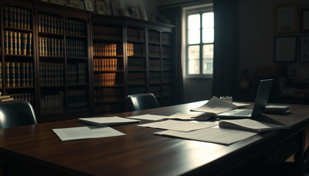 A dimly lit office interior, with a large wooden desk in the foreground. On the desk, various legal documents and a laptop, suggesting the process of reviewing insurance policies. In the middle ground, a bookshelf filled with legal volumes, casting warm shadows across the scene. The background is slightly out of focus, hinting at the contemplative nature of the task at hand. Soft, directional lighting from a window casts a pensive glow, creating a sense of thoughtful deliberation. The overall atmosphere is one of careful consideration and attention to detail, reflecting the legal complexities of canceling business insurance.
