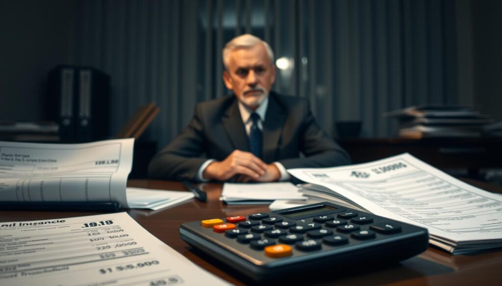 A dimly lit office setting, with a desk in the foreground displaying various financial documents, invoices, and a calculator. In the middle ground, a person in a suit sits contemplatively, their expression conveying the weight of the financial implications they are grappling with. The background is softly blurred, hinting at the complex web of regulations and policies surrounding backdated car insurance. The lighting is warm and muted, creating a pensive atmosphere. The overall composition emphasizes the gravity of the financial decisions at hand.