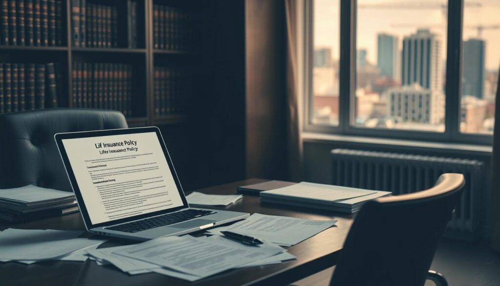 A dimly lit office space, with a desk and chair in the foreground. On the desk, an open laptop displaying a life insurance policy document, surrounded by scattered papers and a pen. In the background, a bookshelf filled with legal tomes and a window overlooking a cityscape, suggesting the complexities and limitations of adjustable life insurance policies. The scene is bathed in a warm, muted light, evoking a sense of contemplation and caution.