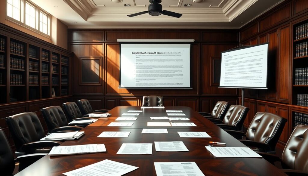 A formal conference room with a large wooden table, meticulously organized papers, and a projector screen displaying intricate legal documents on backdated auto insurance regulations. Sunlight streams through floor-to-ceiling windows, casting a warm, professional gavel. The room exudes a sense of authority and attention to detail, with an air of serious deliberation. Leather-bound books line the shelves, hinting at the depth of legal expertise present. The overall atmosphere conveys the gravity and significance of the subject matter, setting the stage for a thoughtful discussion of the complex legal boundaries and restrictions surrounding backdated auto insurance.