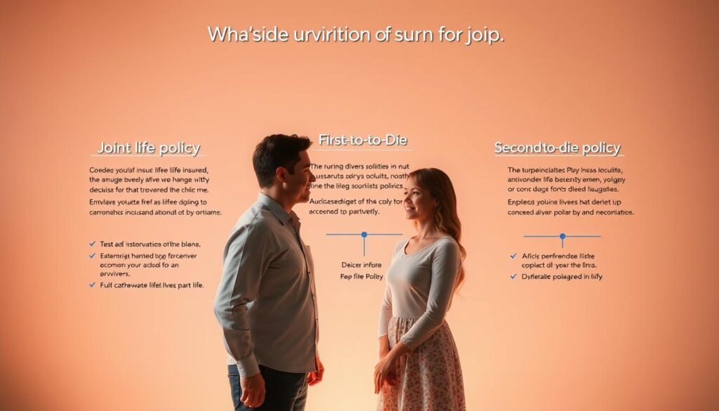 A high-quality illustration depicting the types of survivorship life insurance policies. In the foreground, two individuals, a man and a woman, stand side by side, representing the joint lives insured. Behind them, three distinct policy types are visualized: a joint life policy, a first-to-die policy, and a second-to-die policy. Each policy is represented by a clear, detailed diagram, showcasing the unique features and benefits. The scene is illuminated by soft, directional lighting, creating a warm, educational atmosphere. The composition is balanced and visually appealing, inviting the viewer to explore the different survivorship life insurance options.