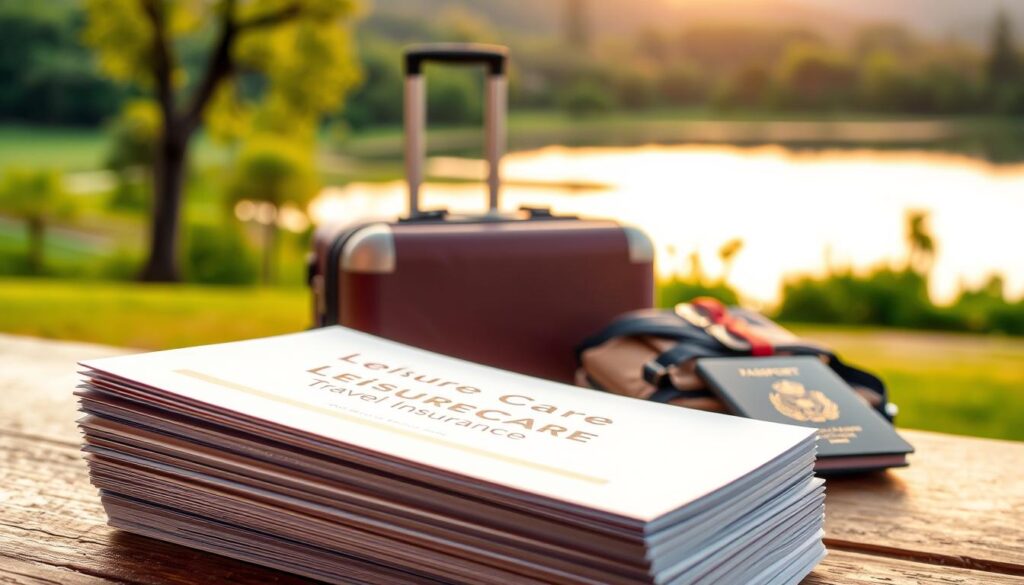 A high-quality travel insurance policy with a serene, tranquil atmosphere. In the foreground, a stack of documents or brochures representing the Leisure Care Travel Insurance plan, shot with a shallow depth of field for a soft, blurred background. The middle ground features a suitcase and passport, symbolizing the preparation and security of travel. In the background, a serene landscape with lush greenery, a calm lake, and a warm, golden hour lighting that creates a sense of relaxation and peace. The overall mood is one of confidence, reassurance, and the freedom to enjoy a worry-free vacation.