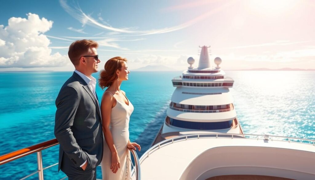 A high-resolution, detailed illustration of "CruisesOnly LeisureCare Travel Protection" depicting a serene, sun-dappled cruise ship on a tranquil, azure ocean. In the foreground, a smartly-dressed couple stands on the deck, gazing out at the horizon with expressions of peaceful contentment. The middle ground showcases the ship's elegant exterior, with clean, modern lines and gleaming white surfaces. In the background, wispy clouds drift across a brilliant sky, while distant islands or coastlines can be glimpsed on the horizon. The overall scene conveys a sense of effortless luxury, comfort, and carefree relaxation associated with a premium cruise line travel protection plan.
