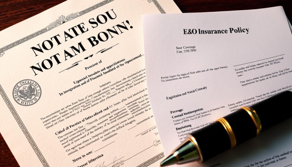 A meticulously crafted notary bond document and an E&O insurance policy, arranged in a professional and visually appealing layout. The bond showcases intricate details, seals, and official stamps, while the insurance policy displays clear coverage information. Warm lighting casts a subtle glow, highlighting the importance and legitimacy of these essential notarial tools. The composition emphasizes the connection and complementary nature of these two vital elements that safeguard the notary's practice, creating a sense of security and trust. The image conveys a mood of reliability, professionalism, and diligence, reflecting the core values of the notary's role.