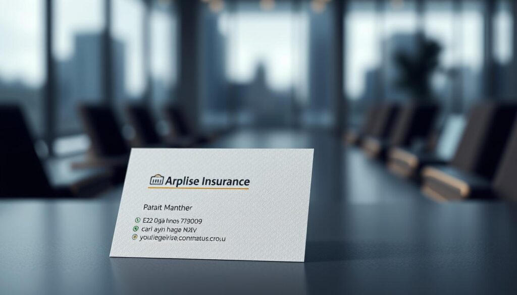 A modern and elegant insurance agent visiting card design, with a clean and professional layout. Crisp, high-resolution image showcasing a minimalist card template in muted tones of gray, navy, and gold. In the foreground, a sleek business card made of quality textured paper, featuring the agent's name, title, contact details, and a subtle insurance-related icon or emblem. The middle ground includes a blurred background of cityscape or office setting, conveying a sense of professionalism and industry expertise. Soft, directional lighting from the side creates depth and highlights the card's premium feel. The overall mood is one of sophistication, trustworthiness, and attention to detail, reflecting the customizable nature of an impactful insurance business card.