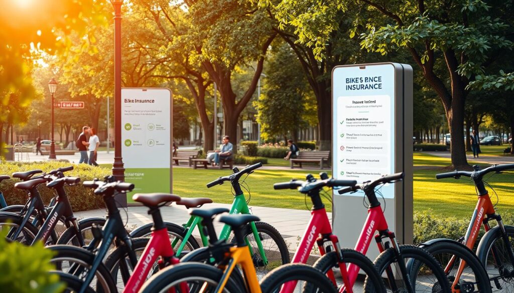 A modern, sleek ebike rental station surrounded by lush greenery. The foreground features a row of neatly parked electric bikes in various vibrant colors, showcasing the diversity of the rental fleet. In the middle ground, a well-designed kiosk displays rental information and insurance options, bathed in warm, natural lighting. The background depicts a tranquil urban park setting, with trees, benches, and pedestrians enjoying the outdoors. The overall scene conveys a sense of convenience, sustainability, and peace of mind for ebike riders seeking reliable insurance coverage.