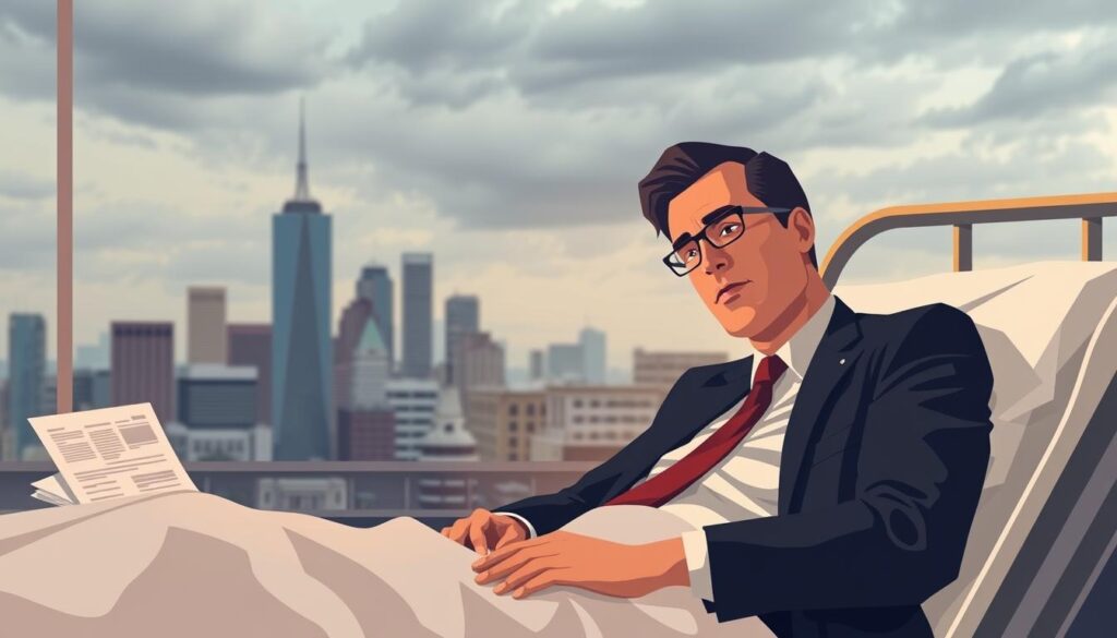 A modern, stylized illustration of a key person disability income insurance policy. In the foreground, a professional businessman in a suit is incapacitated, lying in a hospital bed. In the middle ground, a company logo and financial documents are shown, indicating the importance of the insured person to the business. In the background, a cityscape with skyscrapers and a cloudy sky conveys a sense of uncertainty and risk. The lighting is warm and muted, creating a serious, contemplative mood. The composition is balanced and the focus is on the central figure, emphasizing the gravity of the situation.