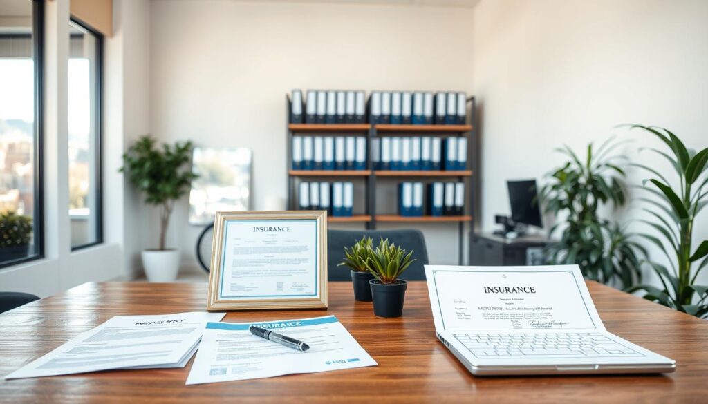 A modern, well-lit office interior with a professional, yet welcoming atmosphere. In the foreground, a wooden desk showcases various insurance policy documents, a laptop, and a pen. On the desk, a potted plant and a framed certificate representing the bike rental business's insurance coverage. The middle ground features shelves lined with insurance binders and a large window overlooking a vibrant urban landscape, allowing natural light to flood the space. The background has a subtle, neutral-toned wall, creating a clean and organized visual balance. The overall scene conveys a sense of security, reliability, and the importance of protecting a bike rental business through comprehensive insurance policies.