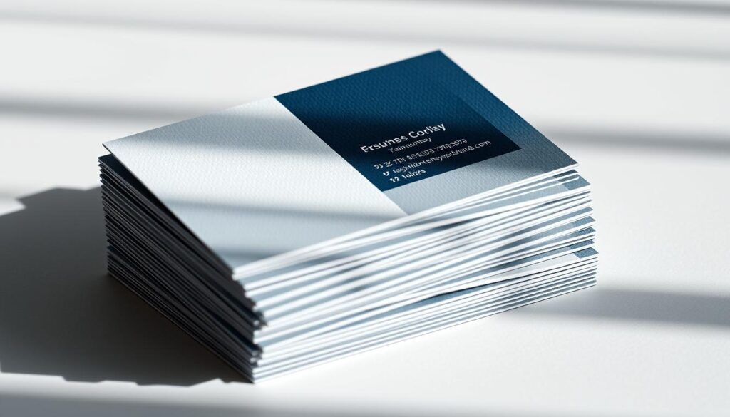A neatly stacked pile of high-quality, glossy business cards with elegant designs and templates for insurance companies. The cards feature clean typography, subtle branding elements, and a professional color palette of blues, grays, and whites. The cards are illuminated from the side, creating soft shadows and highlights that accentuate the textured surfaces and premium paper stock. The background is a plain, neutral workspace with a slight blur, keeping the focus on the beautifully crafted insurance business card designs.