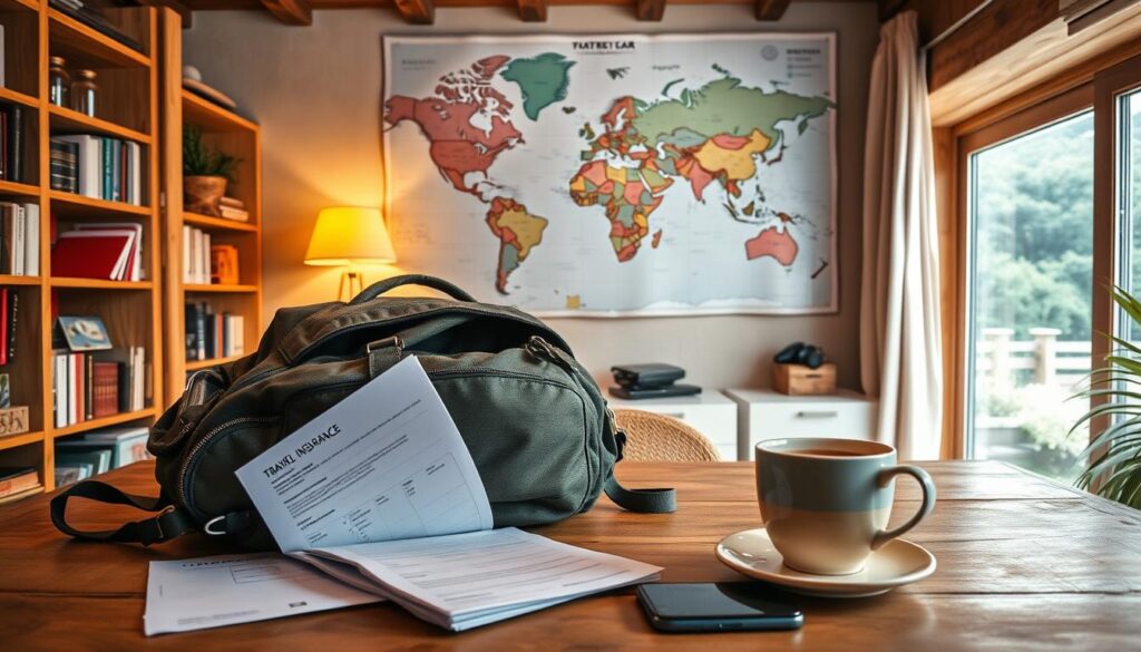 A panoramic shot of a traveler's backpack on a wooden table, with essential travel insurance documents, a mobile phone, and a cup of coffee in the foreground. The backpack is partially open, revealing various travel items. In the middle ground, a world map hangs on the wall, highlighting the traveler's gap year journey. The background features a cozy, rustic home office setting with warm lighting, bookshelves, and a window overlooking a lush, verdant landscape. The overall scene conveys a sense of preparedness, adventure, and the importance of comprehensive travel insurance coverage for a gap year.