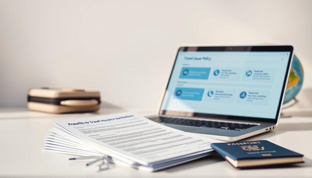A pristine white background sets the stage, with soft natural lighting casting a warm glow. In the foreground, a stack of travel documents, including a passport, airline tickets, and a detailed travel insurance policy, are neatly arranged, conveying a sense of organization and preparedness. The middle ground features an open laptop displaying a clear and intuitive user interface, highlighting the digital accessibility of the travel insurance benefits. In the background, a suitcase and a globe symbolize the essence of worry-free travel, reinforcing the key benefits of the Leisure Care Travel Protection plan. The overall composition emanates a sense of security, confidence, and the ease of securing comprehensive travel coverage.