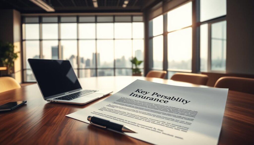 A professional and modern office space, with a large window overlooking a city skyline. On a sturdy wooden desk, a laptop, a pen, and a crisp document titled "Key Person Disability Insurance Quote". The lighting is soft and warm, creating a serene and focused atmosphere. The composition emphasizes the importance of the document, hinting at the careful consideration and planning required for this critical business insurance. The image conveys a sense of diligence, financial security, and the well-being of the company's key personnel.