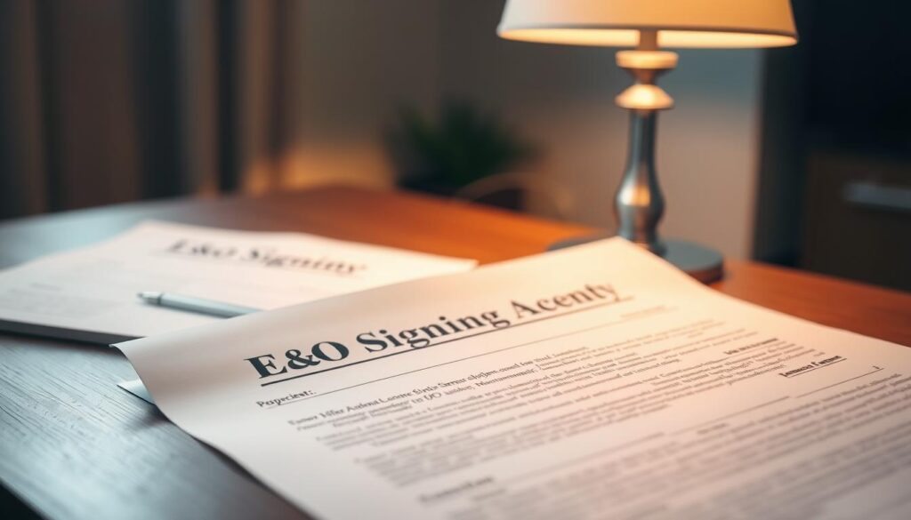 A professional-looking loan signing agent's E&O insurance policy document resting on a wooden desk. The document is highlighted by soft, warm lighting from a table lamp, casting subtle shadows across the surface. The background is a slightly blurred, neutral-toned office setting, emphasizing the focus on the insurance paperwork. The image conveys a sense of security, attention to detail, and the importance of specialized coverage for loan signing agents.