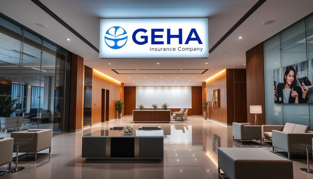 A professional, well-designed corporate office interior showcasing the GEHA Insurance Company logo prominently displayed on a large backlit sign. The setting features modern, minimalist decor with clean lines, warm lighting, and sleek furniture. A spacious reception area leads to several private offices and meeting rooms, reflecting GEHA's commitment to professionalism and customer service. The atmosphere conveys a sense of trust, reliability, and stability, integral to the company's identity as a leading insurance provider. The overall image presents a visually appealing and authoritative representation of the GEHA Insurance brand.