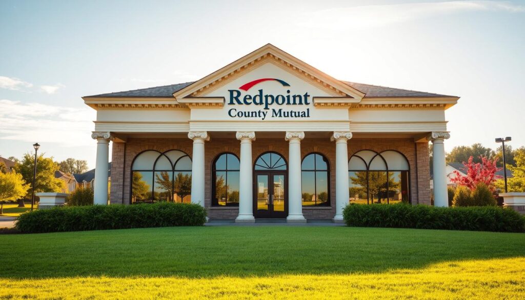 A prominent building with the "Redpoint County Mutual Auto Insurance" logo on the façade, set against a backdrop of a picturesque suburban landscape. The structure has a classic architectural style, with ornate columns, arched windows, and a well-manicured lawn in the foreground. Warm, golden sunlight bathes the scene, creating a sense of professionalism and reliability. The image conveys a welcoming and trustworthy atmosphere, reflecting the reliable insurance solutions offered by Redpoint County Mutual.
