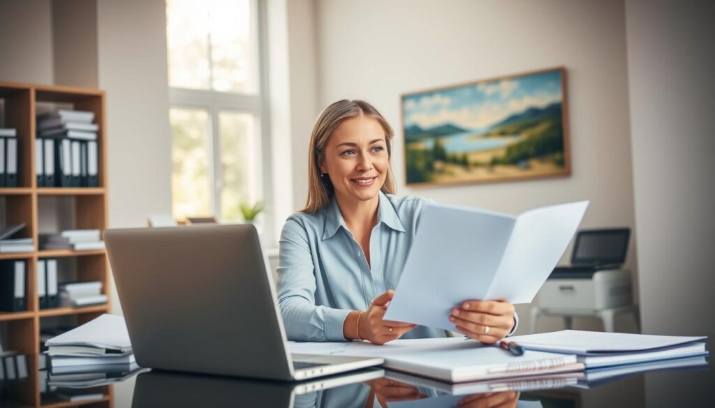 A serene and professional office setting, with a person sitting at a desk reviewing travel insurance documents. The room is well-lit by natural light streaming through large windows, casting a warm, inviting glow. The desk is neatly organized, with a laptop, papers, and a pen in hand, conveying a sense of efficiency and attention to detail. In the background, shelves of organized files and a calming landscape painting on the wall suggest a calm and trustworthy environment, ideal for handling sensitive travel insurance claims. The person's expression is one of focus and care, reflecting the thoughtful and customer-centric claims process.