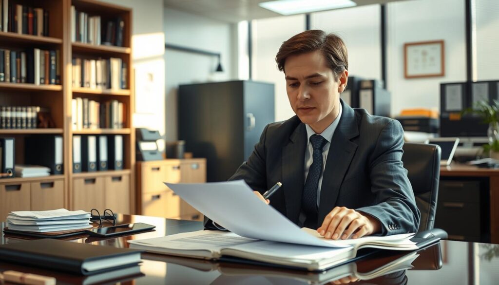 A serene and professional office setting, with a well-dressed person sitting at a desk reviewing insurance documents. The lighting is soft and natural, casting a warm glow on the scene. In the background, there are bookshelves, filing cabinets, and other office furnishings, suggesting a well-organized and efficient workspace. The person's expression is thoughtful, conveying the importance and complexity of understanding disability insurance elective coverage. The overall atmosphere is one of diligence, attention to detail, and a commitment to providing reliable information and guidance.