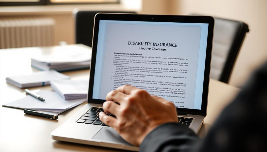 A serene office setting with a desk, chair, and a laptop displaying an insurance policy document. In the foreground, a person's hands carefully reviewing the policy, conveying a sense of responsibility and thoughtfulness. The middle ground features a stack of papers and a pen, suggesting the administrative tasks involved in maintaining the coverage. The background showcases a warm, natural light filtering through a window, creating a calming atmosphere. The overall composition emphasizes the importance of diligently managing one's disability insurance elective coverage.