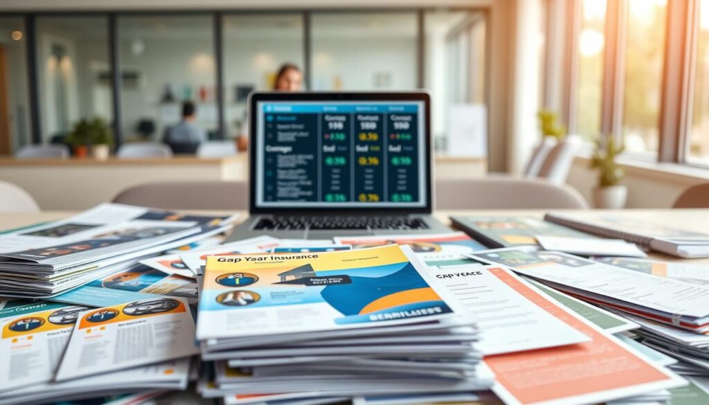 A sprawling desktop landscape showcasing various gap year insurance policies. In the foreground, a stack of colorful brochures and informational packets, meticulously arranged to highlight their diverse coverage options. In the middle ground, a laptop displays an interactive comparison tool, with charts and graphs detailing the benefits of each plan. The background is a softly blurred office setting, with a large window allowing natural light to flood the scene, creating a sense of professionalism and trustworthiness. The overall mood is one of informed decision-making, with the scene conveying the importance of thoroughly researching and selecting the right gap year insurance policy.