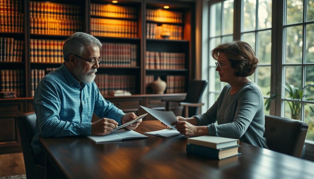 A thoughtful estate planning scene with a couple discussing survivorship insurance policies. In the foreground, they sit at a wooden table, reviewing documents and discussing their options. The middle ground features a bookshelf filled with legal tomes, casting a warm, scholarly glow. The background depicts a tasteful home office, with large windows overlooking a tranquil garden. Soft, diffused lighting creates a contemplative atmosphere, as the couple contemplates how survivorship insurance can protect their family's future.